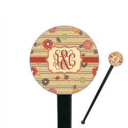 Chevron & Fall Flowers 7" Round Plastic Stir Sticks - Black - Single Sided (Personalized)