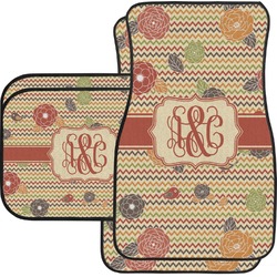 Chevron & Fall Flowers Car Floor Mats Set - 2 Front & 2 Back (Personalized)