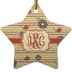 Chevron & Fall Flowers Star Ceramic Ornament w/ Couple's Names