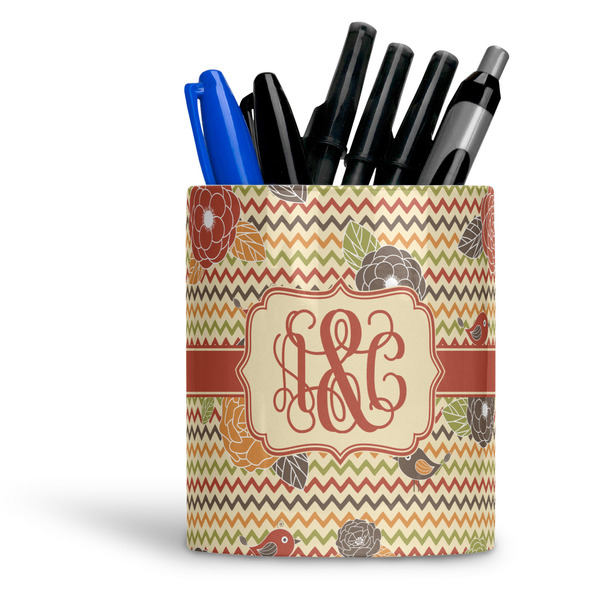 Custom Chevron & Fall Flowers Ceramic Pen Holder