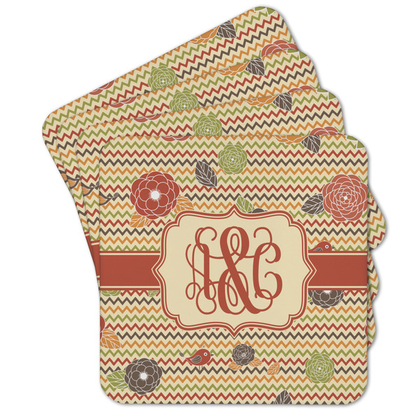 Custom Chevron & Fall Flowers Cork Coaster - Set of 4 w/ Couple's Names