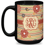 Chevron & Fall Flowers 15 Oz Coffee Mug - Black (Personalized)