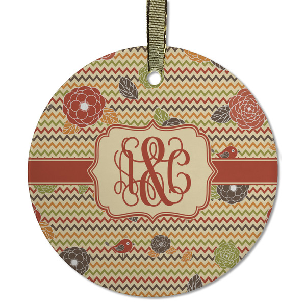 Custom Chevron & Fall Flowers Flat Glass Ornament - Round w/ Couple's Names