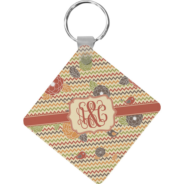 Custom Chevron & Fall Flowers Diamond Plastic Keychain w/ Couple's Names