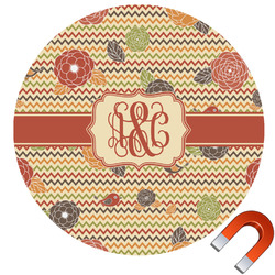 Chevron & Fall Flowers Round Car Magnet - 6" (Personalized)