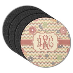 Chevron & Fall Flowers Round Rubber Backed Coasters - Set of 4 (Personalized)