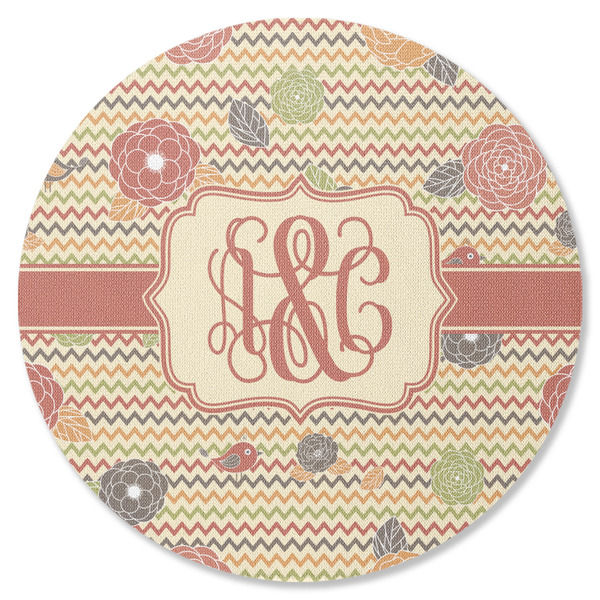 Custom Chevron & Fall Flowers Round Rubber Backed Coaster (Personalized)