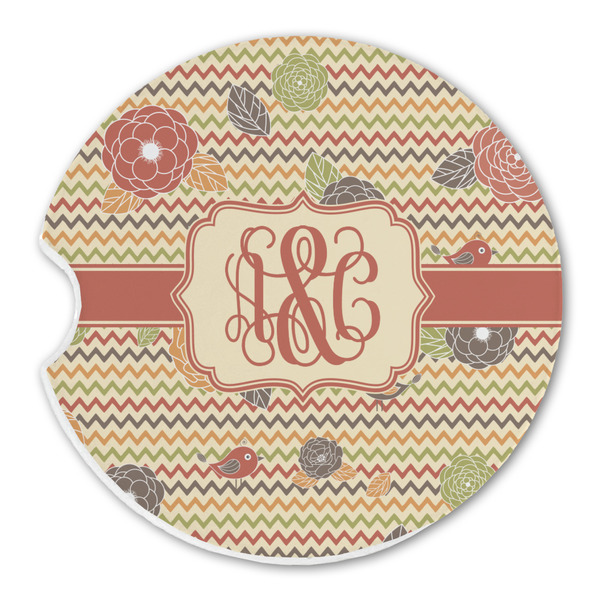 Custom Chevron & Fall Flowers Sandstone Car Coaster - Single (Personalized)