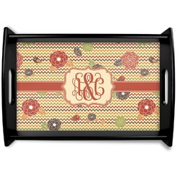 Chevron & Fall Flowers Black Wooden Tray - Small (Personalized)