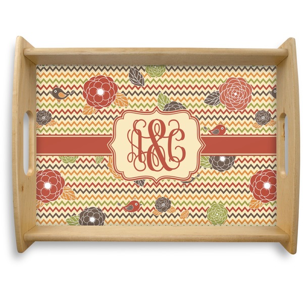 Custom Chevron & Fall Flowers Natural Wooden Tray - Large (Personalized)