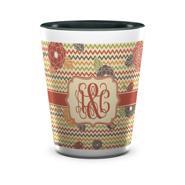 Custom Chevron & Fall Flowers Ceramic Shot Glass - 1.5 oz - Two Tone - Single (Personalized)