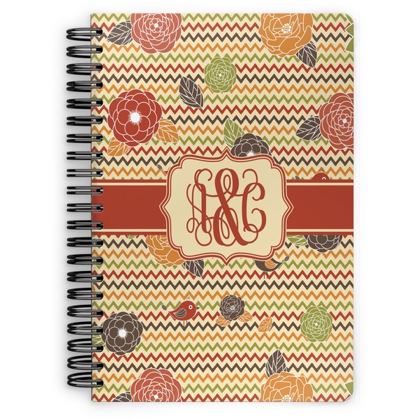 Custom Chevron & Fall Flowers Spiral Notebook - 7x10 w/ Couple's Names