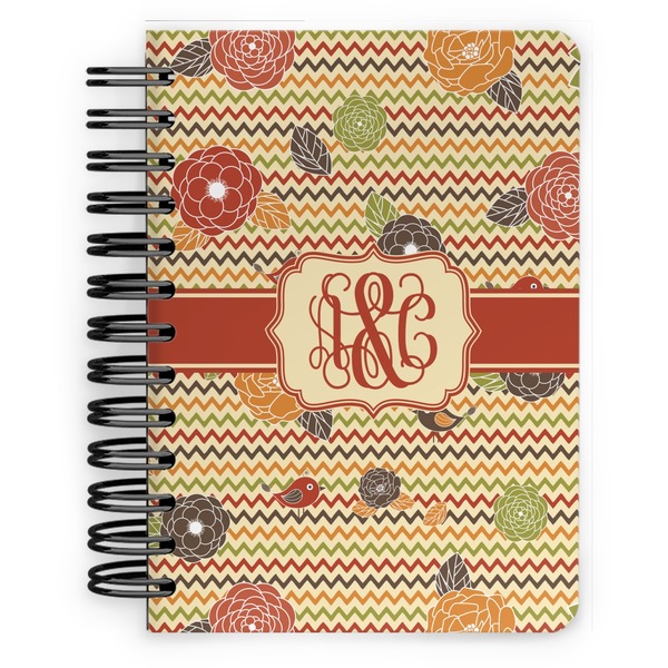 Custom Chevron & Fall Flowers Spiral Notebook - 5x7 w/ Couple's Names