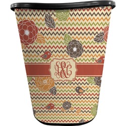 Chevron & Fall Flowers Waste Basket - Single Sided (Black) (Personalized)