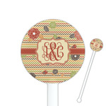 Chevron & Fall Flowers 5.5" Round Plastic Stir Sticks - White - Single Sided (Personalized)