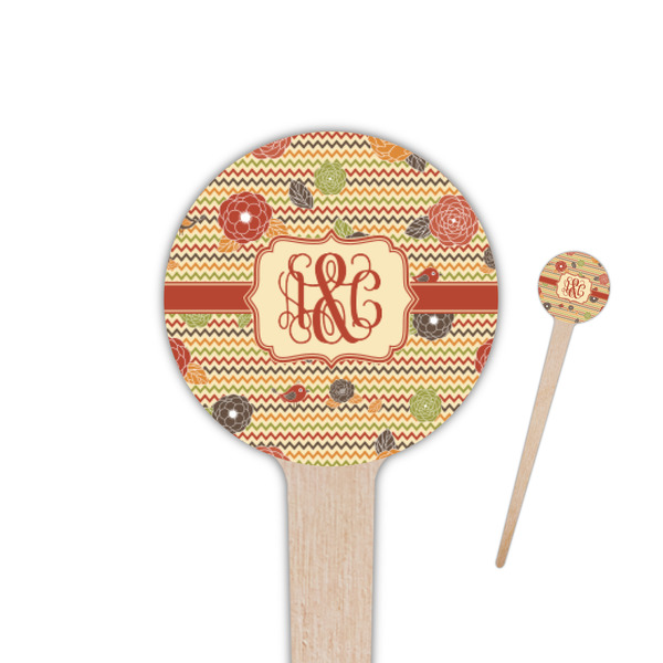 Custom Chevron & Fall Flowers 4" Round Wooden Food Picks - Single Sided (Personalized)