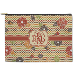 Chevron & Fall Flowers Zipper Pouch - Large - 12.5"x8.5" (Personalized)