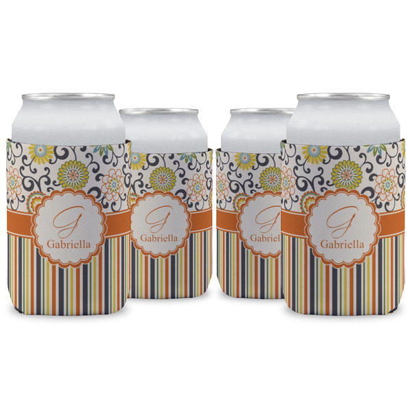 Custom Swirls, Floral & Stripes Can Cooler (12 oz) - Set of 4 w/ Name and Initial