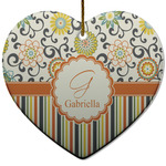 Swirls, Floral & Stripes Heart Ceramic Ornament w/ Name and Initial