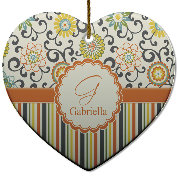 Custom Swirls, Floral & Stripes Heart Ceramic Ornament w/ Name and Initial