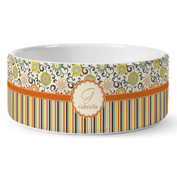 Swirls, Floral & Stripes Ceramic Dog Bowl - Large (Personalized)
