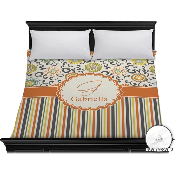 Custom Swirls, Floral & Stripes Duvet Cover - King (Personalized)