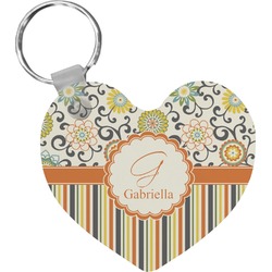 Swirls, Floral & Stripes Heart Plastic Keychain w/ Name and Initial