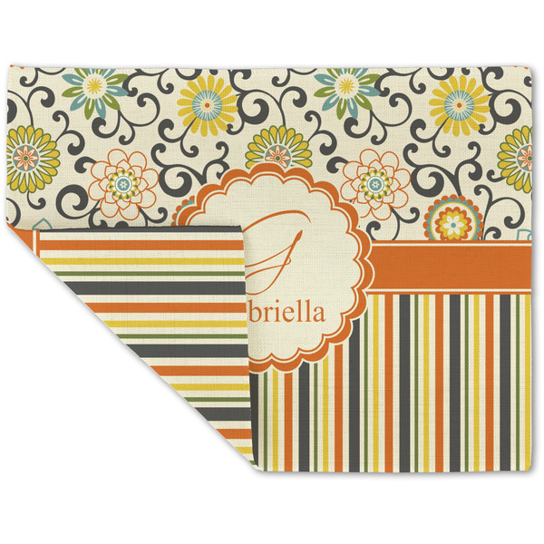 Custom Swirls, Floral & Stripes Double-Sided Linen Placemat - Single w/ Name and Initial