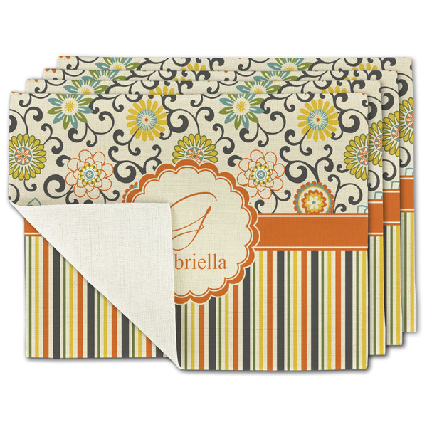 Custom Swirls, Floral & Stripes Single-Sided Linen Placemat - Set of 4 w/ Name and Initial