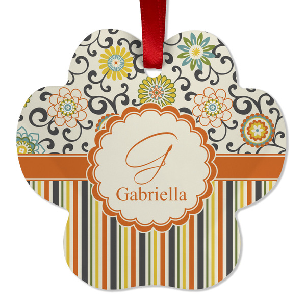 Custom Swirls, Floral & Stripes Metal Paw Ornament - Double Sided w/ Name and Initial