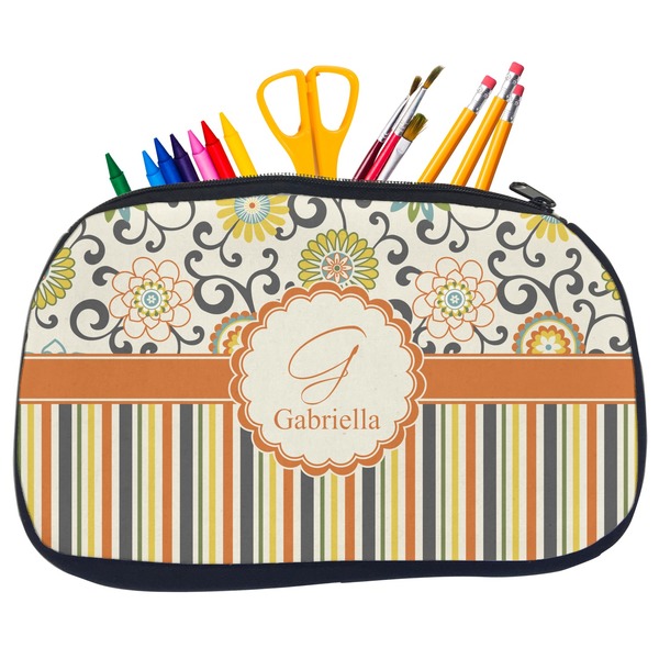 Custom Swirls, Floral & Stripes Neoprene Pencil Case - Medium w/ Name and Initial