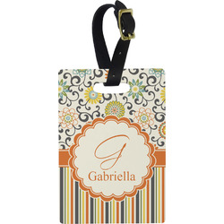 Swirls, Floral & Stripes Plastic Luggage Tag - Rectangular w/ Name and Initial