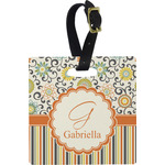 Swirls, Floral & Stripes Plastic Luggage Tag - Square w/ Name and Initial