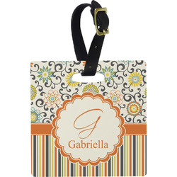 Swirls, Floral & Stripes Plastic Luggage Tag - Square w/ Name and Initial
