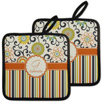 Swirls, Floral & Stripes Pot Holders - Set of 2 w/ Name and Initial