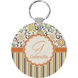 Swirls, Floral & Stripes Round Plastic Keychain (Personalized)