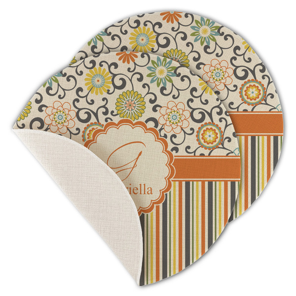 Custom Swirls, Floral & Stripes Round Linen Placemat - Single Sided - Set of 4 (Personalized)