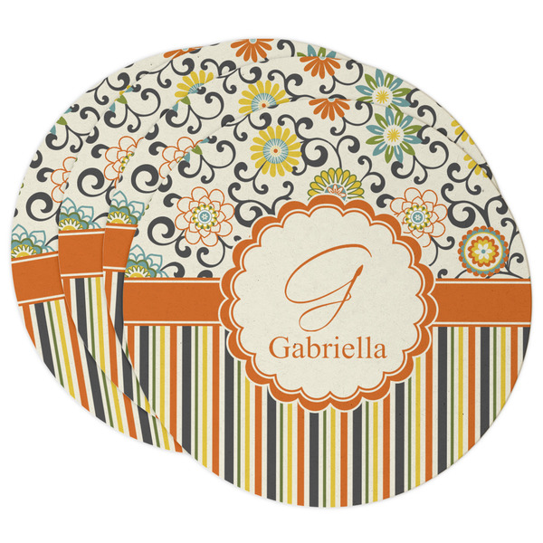 Custom Swirls, Floral & Stripes Round Paper Coasters w/ Name and Initial