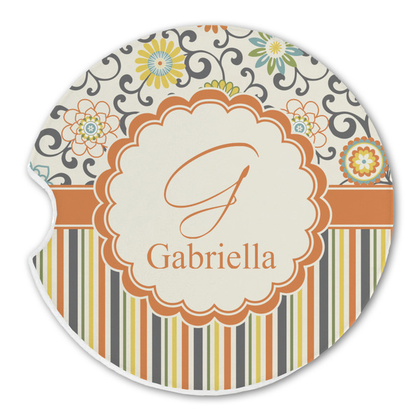 Custom Swirls, Floral & Stripes Sandstone Car Coaster - Single (Personalized)