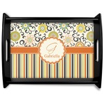 Swirls, Floral & Stripes Black Wooden Tray - Large (Personalized)