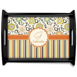 Swirls, Floral & Stripes Black Wooden Tray - Large (Personalized)