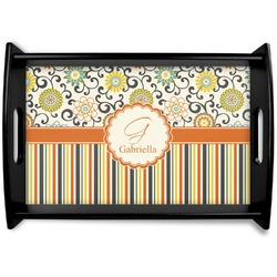 Swirls, Floral & Stripes Black Wooden Tray - Small (Personalized)