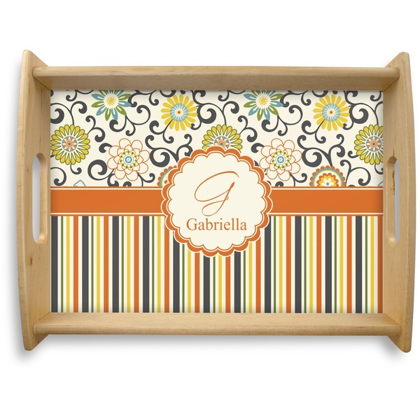 Custom Swirls, Floral & Stripes Natural Wooden Tray - Large (Personalized)