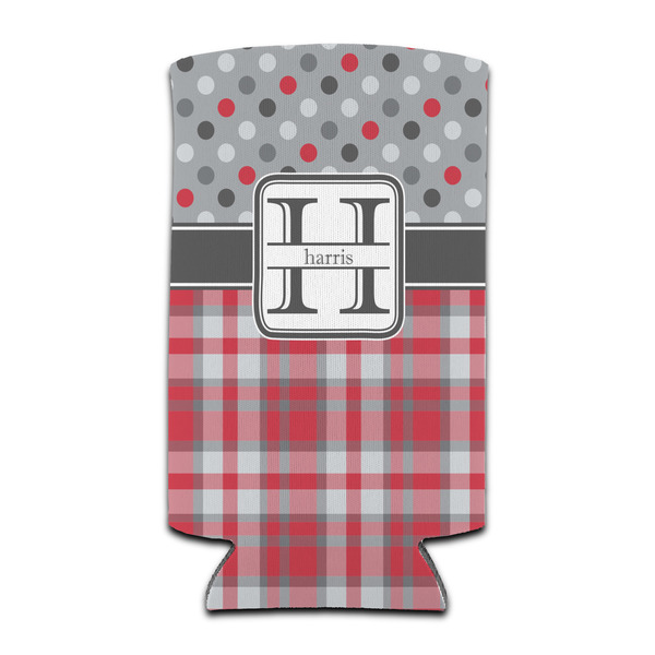 Custom Red & Gray Dots and Plaid Can Cooler (tall 12 oz) (Personalized)