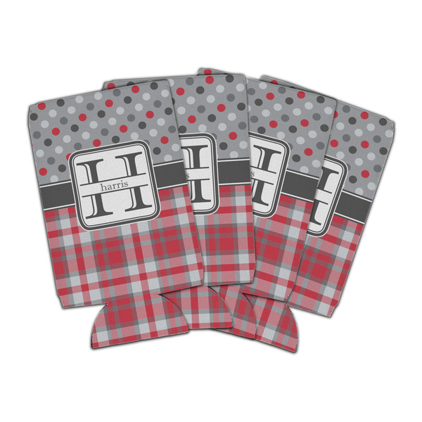 Custom Red & Gray Dots and Plaid Can Cooler (16 oz) - Set of 4 (Personalized)