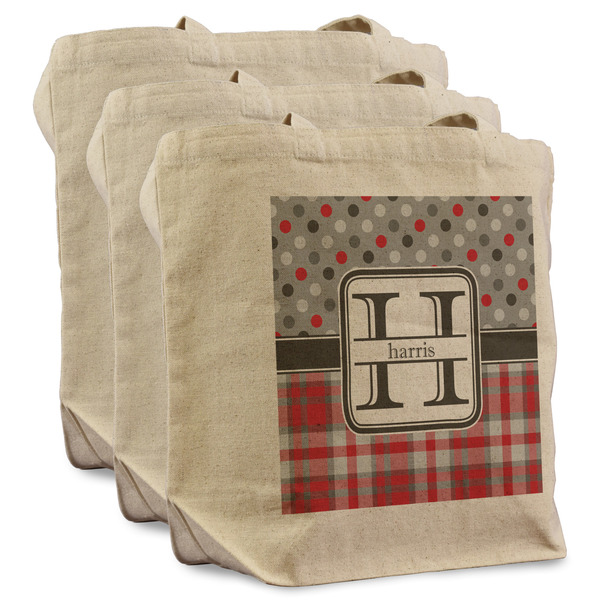 Custom Red & Gray Dots and Plaid Reusable Cotton Grocery Bags - Set of 3 (Personalized)