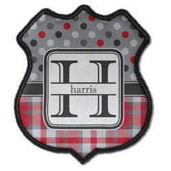 Red & Gray Dots and Plaid Iron On Shield Patch C w/ Name and Initial