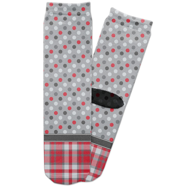 Custom Red & Gray Dots and Plaid Adult Crew Socks