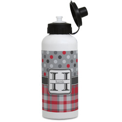 Red & Gray Dots and Plaid Water Bottles - Aluminum - 20 oz - White (Personalized)