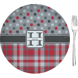Red & Gray Dots and Plaid 8" Glass Appetizer / Dessert Plates - Single or Set (Personalized)